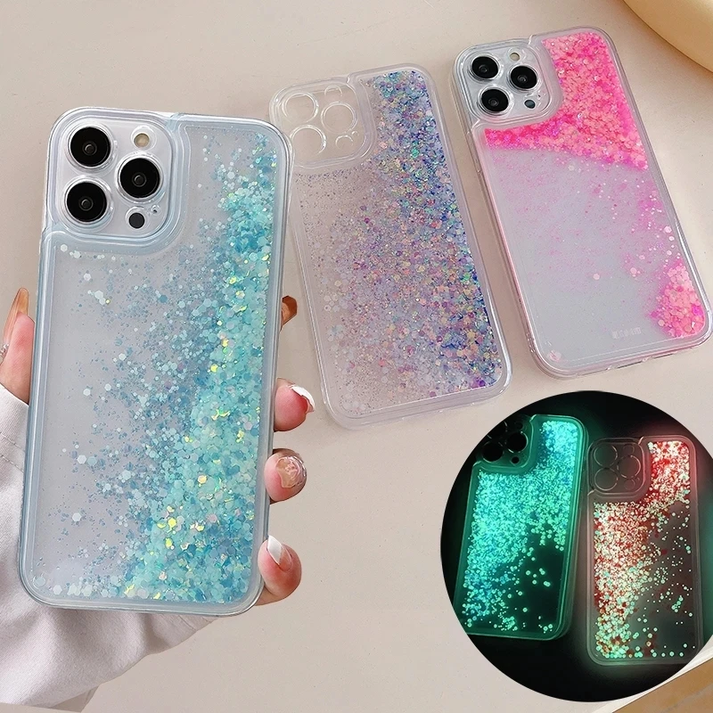 USLION Luminous Quicksand Sequins Phone Case For iPhone 14 13 12 Pro Max 11 11promax Glow Dark Night Light Soft TPU Bumper Cover