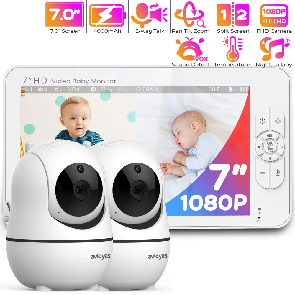 7 Inch Baby Monitor with 2 Cameras 1080P Babyphone Split Screen Pan-Tilt-Zoom Nanny Camera 2-way Audio Night Vision BabySitter