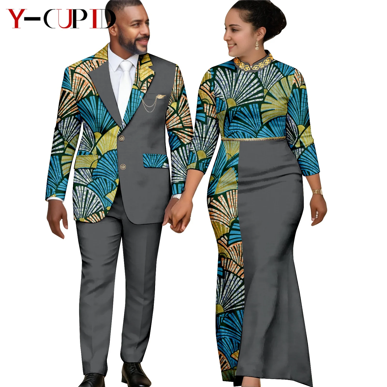 

Elegant African Print Long Dresses for Women Matching Couple Clothes Dashiki Men Suits Ankara Jacket Top and Pant Sets 26C013