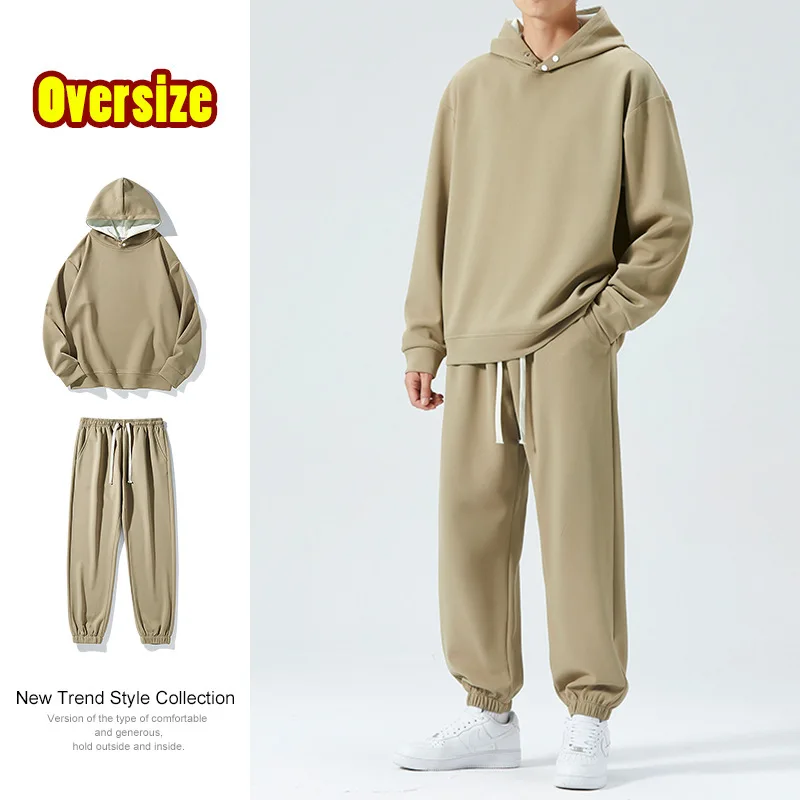 

2025 Men O Neck Pullover Hoodies Two Pieces Spliced Ankle Length Straight Pants Sweatshirts Sports Casual Loose Pockets Sets New