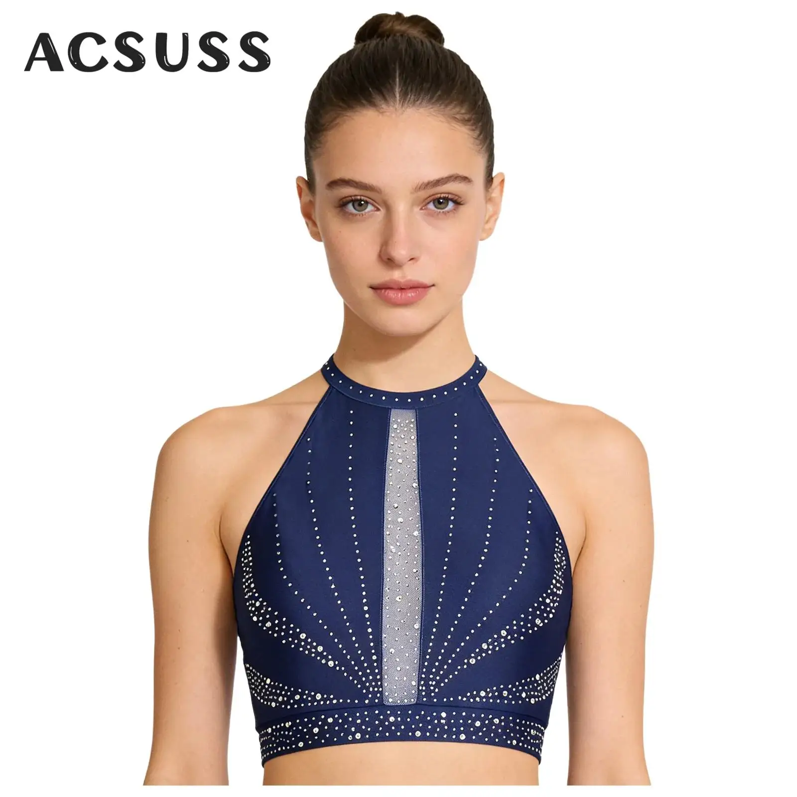 

Женский танцевальный костюм для балета и гимнастики: укороченный топ без рукавов с блестящими стразами для фигурного катания и акробатики