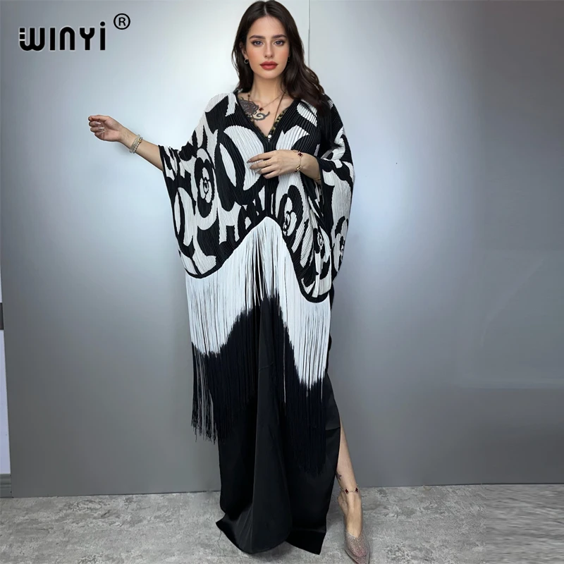 WINYI Gradual tassel dress Women crumple Design Loose boho robe Maxi Long Femme Vestidos holiday Party Elegant Pleated dress