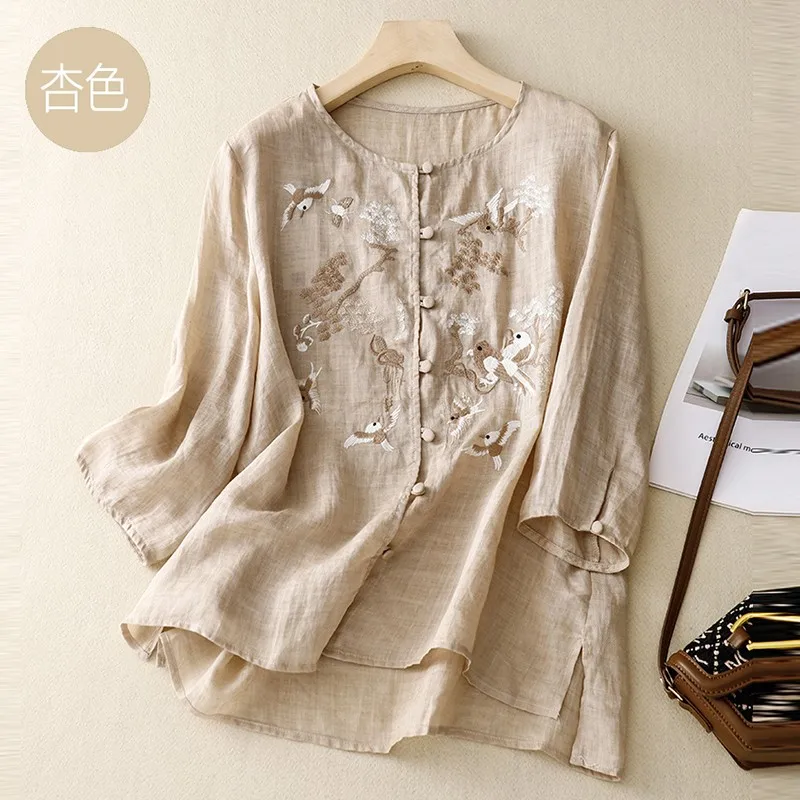 Chinese Style Women Casual Shirt New Arrival 2024 Summer Vintage Style Floral Embroidery Loose Female Tops Shirts B3918