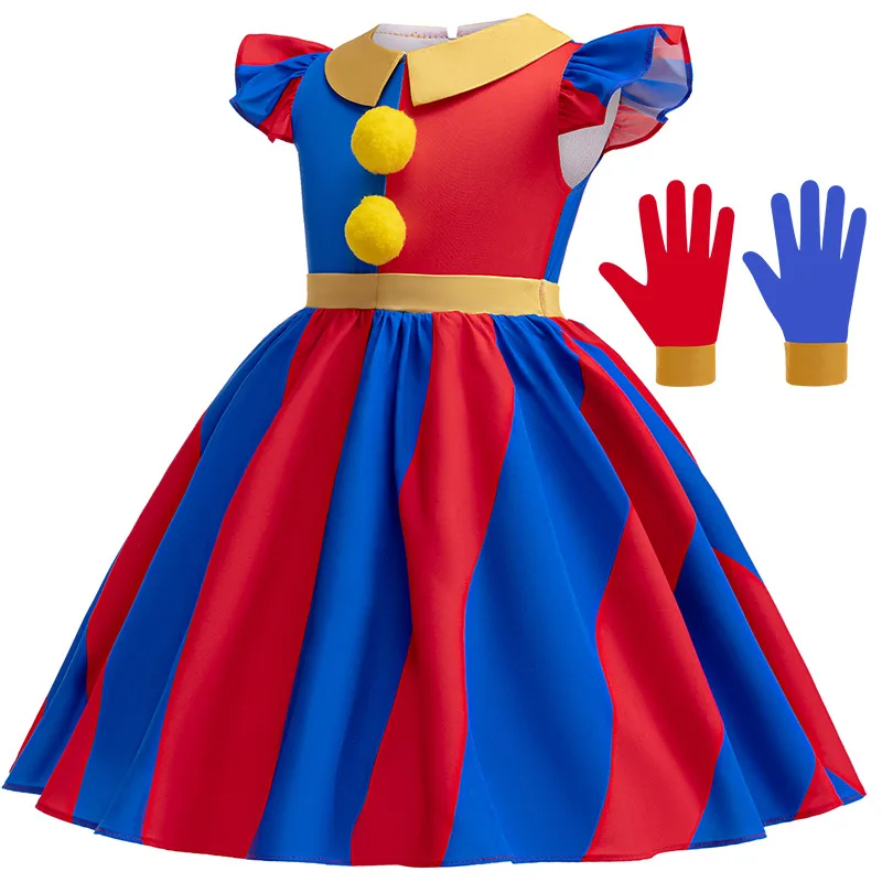 Disfraz de Cosplay de Pomni, uniforme de dibujos animados de circo Digital increíble, guantes, fiesta de Halloween para niñas y niños