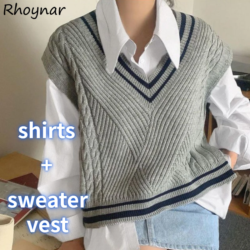 

2 Pcs Sets Women White Long Sleeve Shirts Side-slit Loose Sweater Vest Tender Casual Preppy Style Girls All-match Classic Autumn
