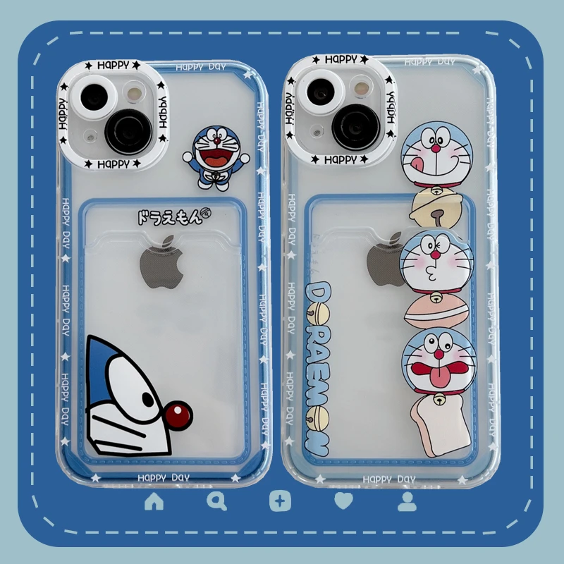 Cartoon Doraemon Soft Silicone Case for iPhone 15 14 13 12 11 Pro Max Mini XR XS X 8 7 Plus SE 2020 Silm Card Holder Back Cover