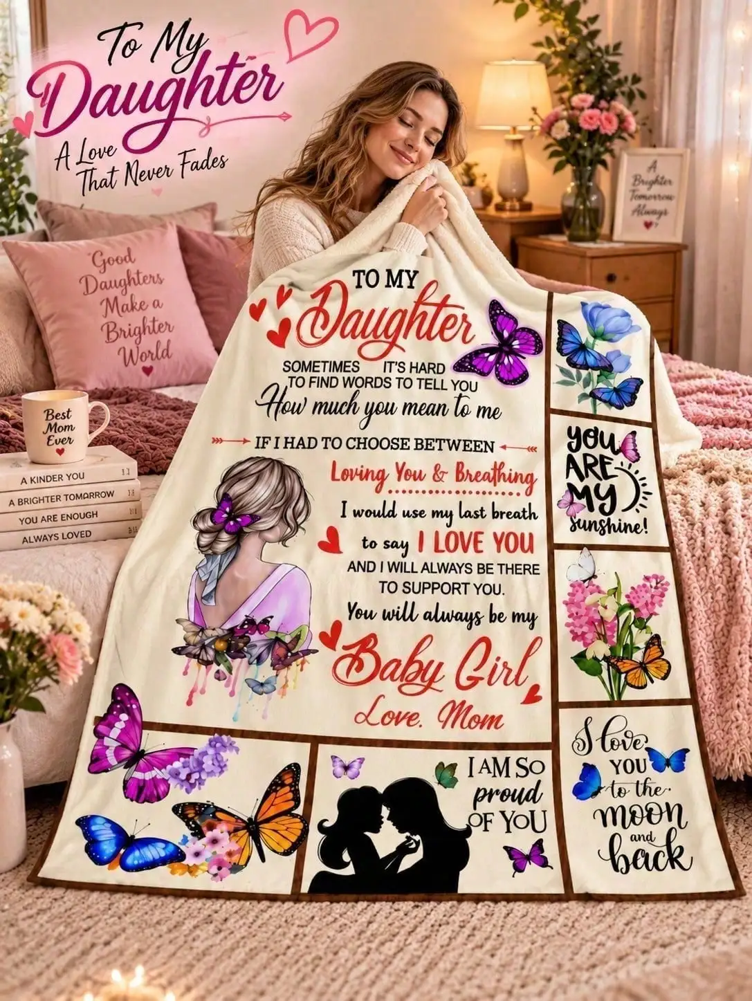 Daughter Butterfly Family Moments Message Flannel Blankets Sofa Throw Bed Home Decor Bedroom Living Room Halloween Thanksgiving Christmas Anniversary Birthday Housewarming Guestroom Lounge Apartment Reading Nook Seasonal Accent Gift for Friends