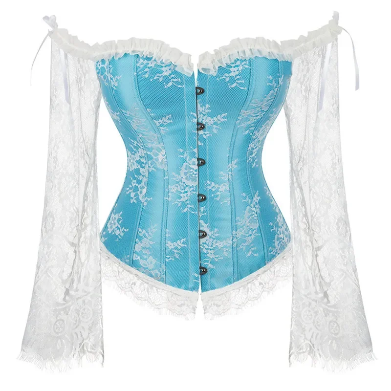 

Corset Top Bustier with Long Sleeve Lace Satin Overbust Corselet Off Shoulder Renaissance Women Plus Size Sexy Costume Burlesque