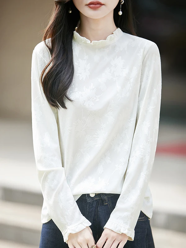 Elegant Chinese Style Women's Long Sleeve White T-Shirt Half High Collar Slimming Top Floral Lace Inner Wear Base Layer Shirt