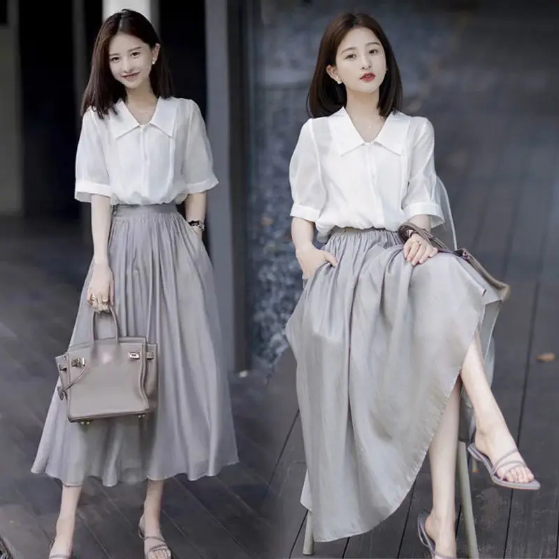 Women's Graceful Summer White Shirt Gray Skirts 1 or Two Piece Dress Set 2022 New Korean Lady Elegant Blouse A-Line Skirt Outfit