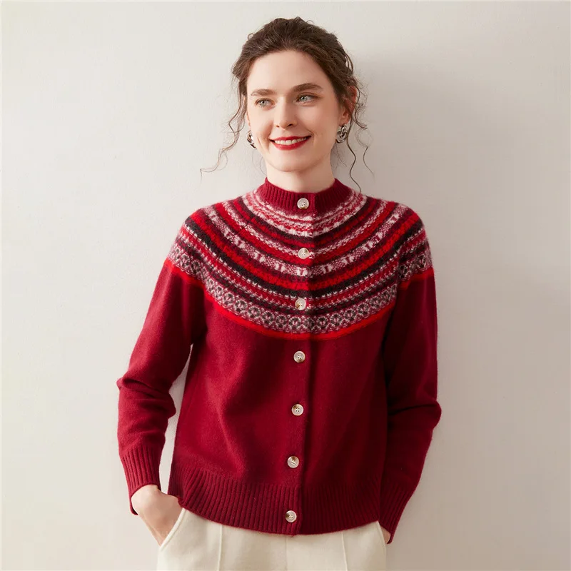 Autumn Winter Cashmere Cardigan Women Jacquard Sweater Coat