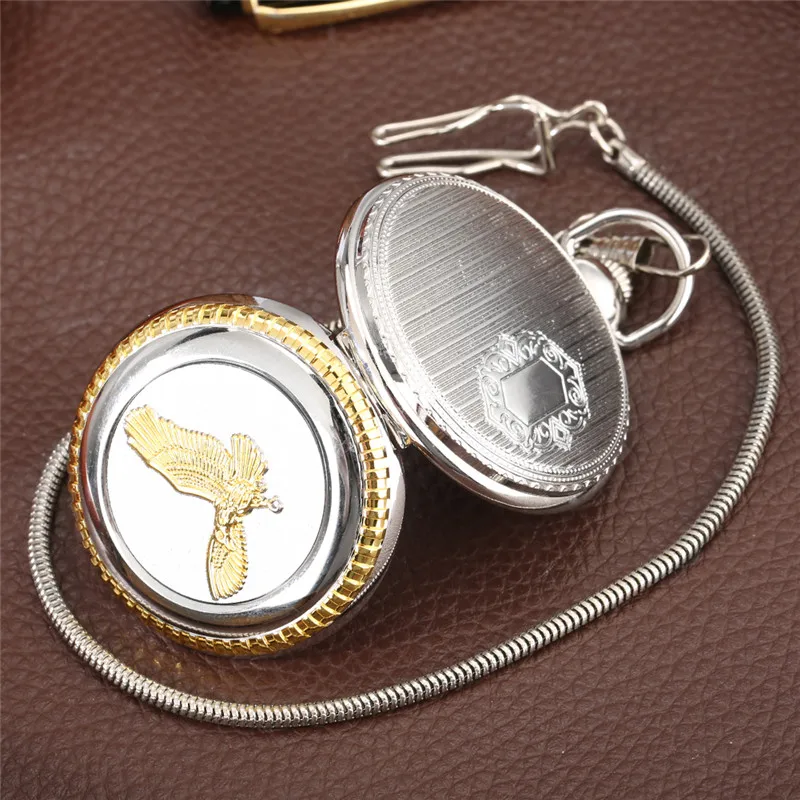 Large Size Golden Eagle Design Men Women Silver Quartz Movement Pocket Watch Roman Number Display with Pendant FOB Chain Gfit