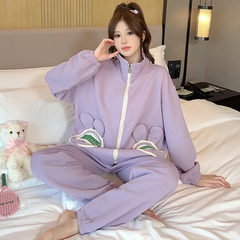 5XL Plus Size Winter Pajamas Women Korean Thickened Warm Home Clothes Sweet Air Cotton Zip Coat Trousers SuitCan Be Worn Outside