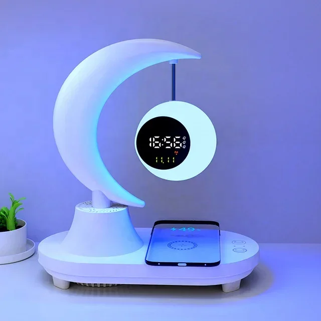 Smart home gadgets moon night light blue tooth speaker with wireless charger & digital alarm clock