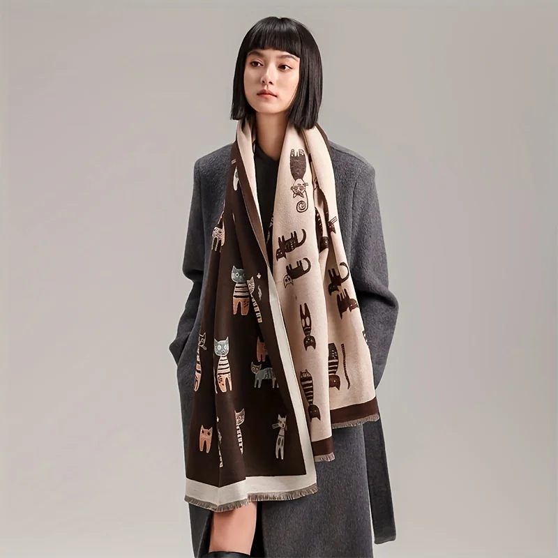 

Новый модный брендовый милый кошачий женский жаккардовый кашемировый шарф из пашмины, зимняя толстая теплая шаль, морозостойкое ветрозащитное одеяло, шарфы