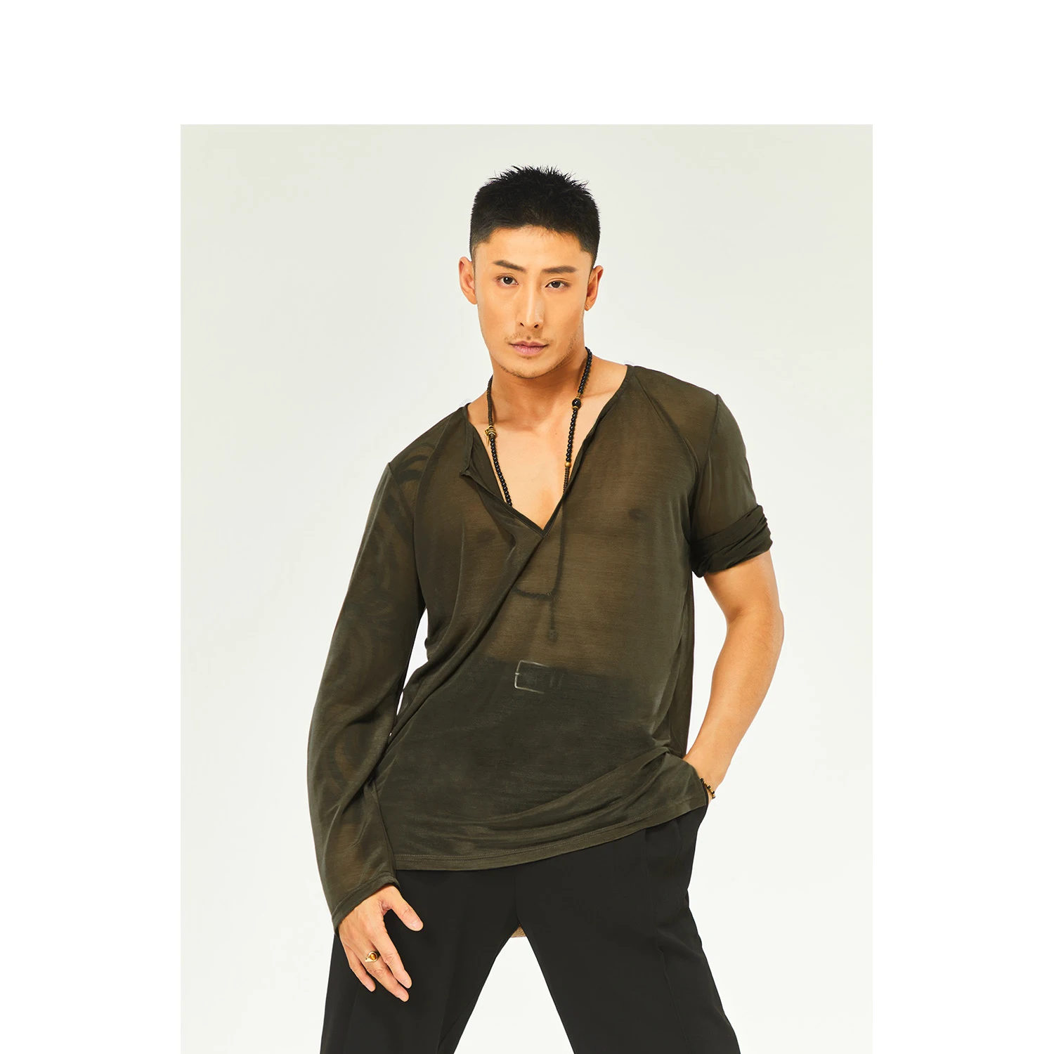 2026 Adult Latin Dance Practice Clothes Loose Small V -Neck Shirts Chacha Rumba Tango Dress Latin Dance Tops For Men  DQS16625