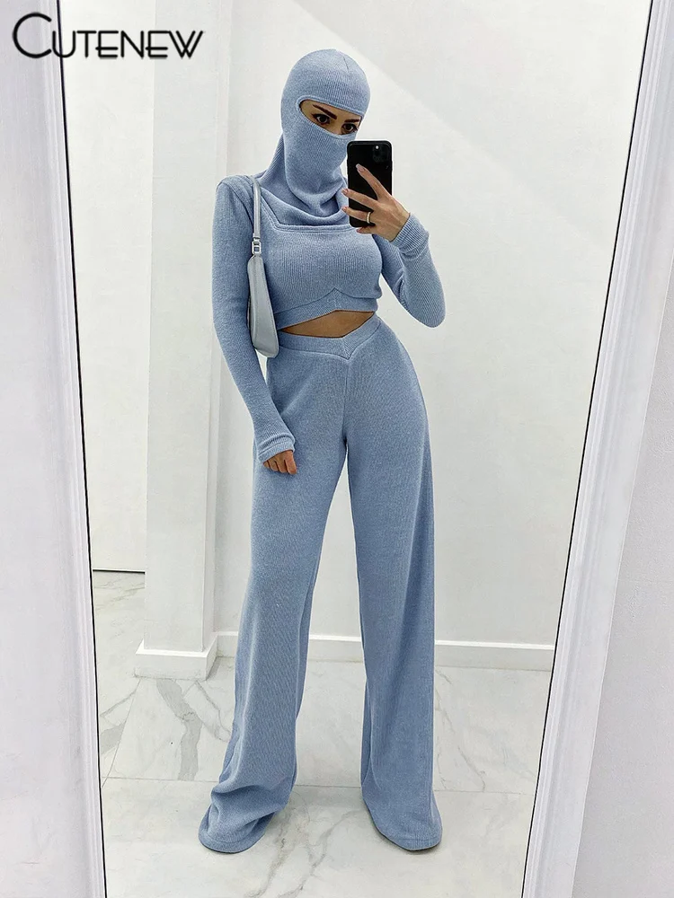 Cutenew Solid Matching Women 2 Piece Set Square Neck Slim Crop Sweaters+Face Mark+Slash Waist Straight Pants Female Casual Suits