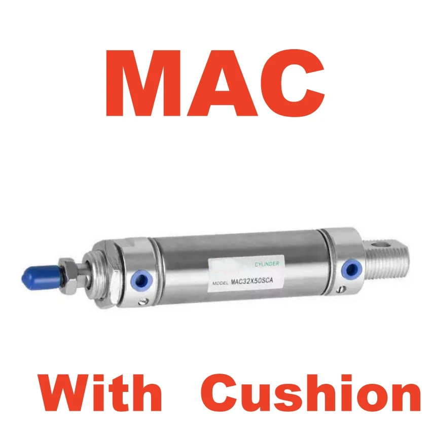 MAC AirTAC Type Pneumatic Mini Cylinder With Cushion Stroke 25 50 100 125 150 200 300 mm Stainless Steel MAC16 MAC20 MAC25 MAC32