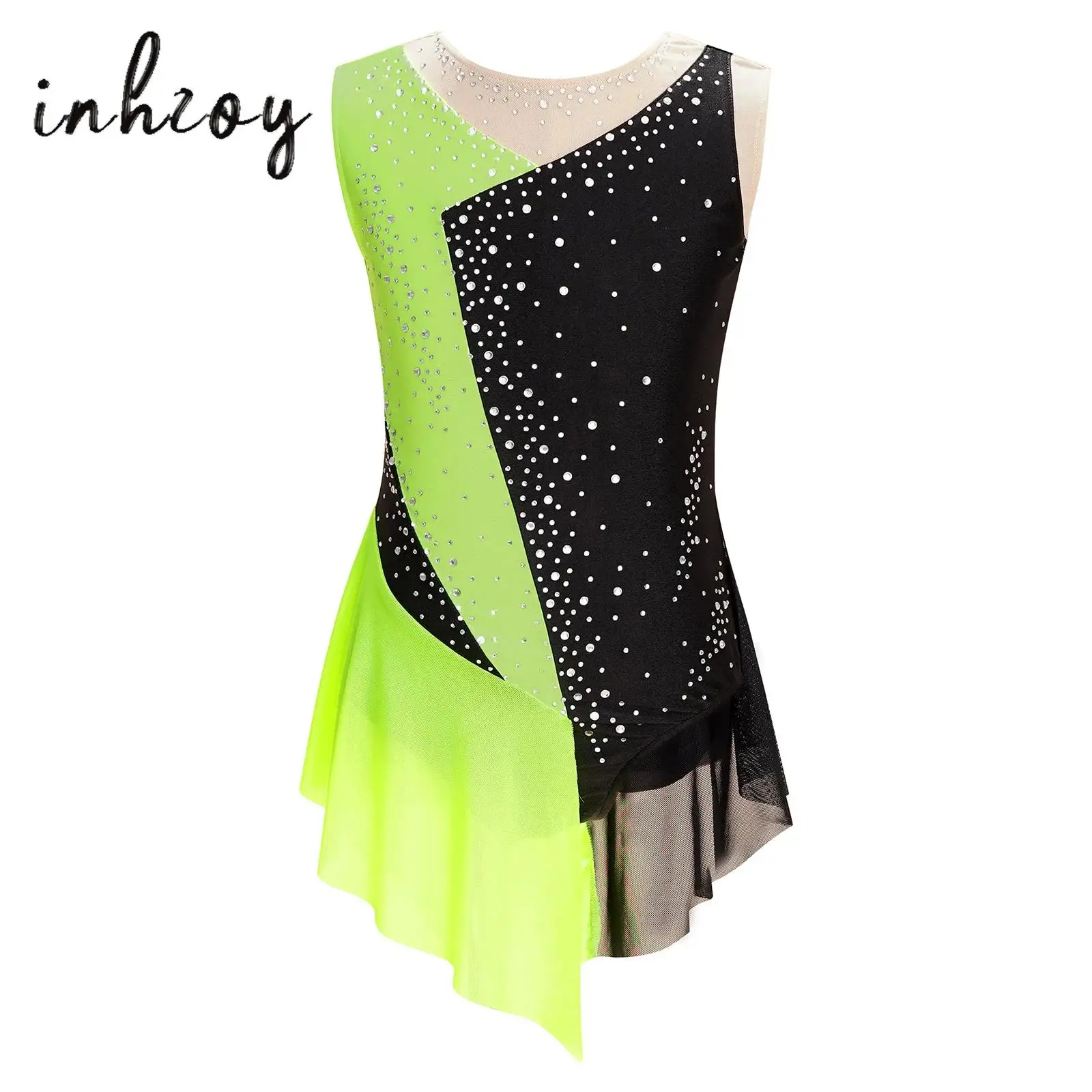 

Figure Skating Dress for Kids Girls Performance Costumes Rhinestone Mesh Splice Ballet Dance Dresses Gymnastics Leotards