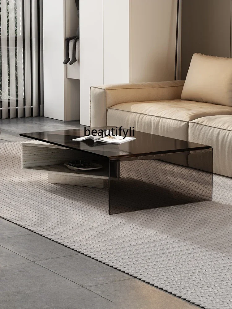 

01 Natural Marble Tea Table Italian Style Light Luxury Minimalist Living Room Glass Creative Rectangle Retractable