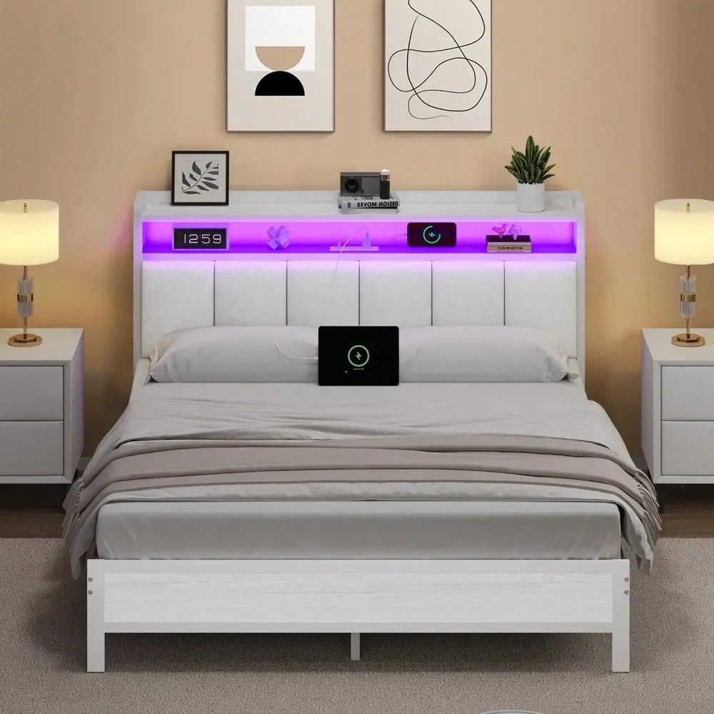 

Bed Frame With Storage Headboard, Upholstered Bed Frame With Charging Station, Metal Platform Bed Frame With Heavy Duty Metal Sl