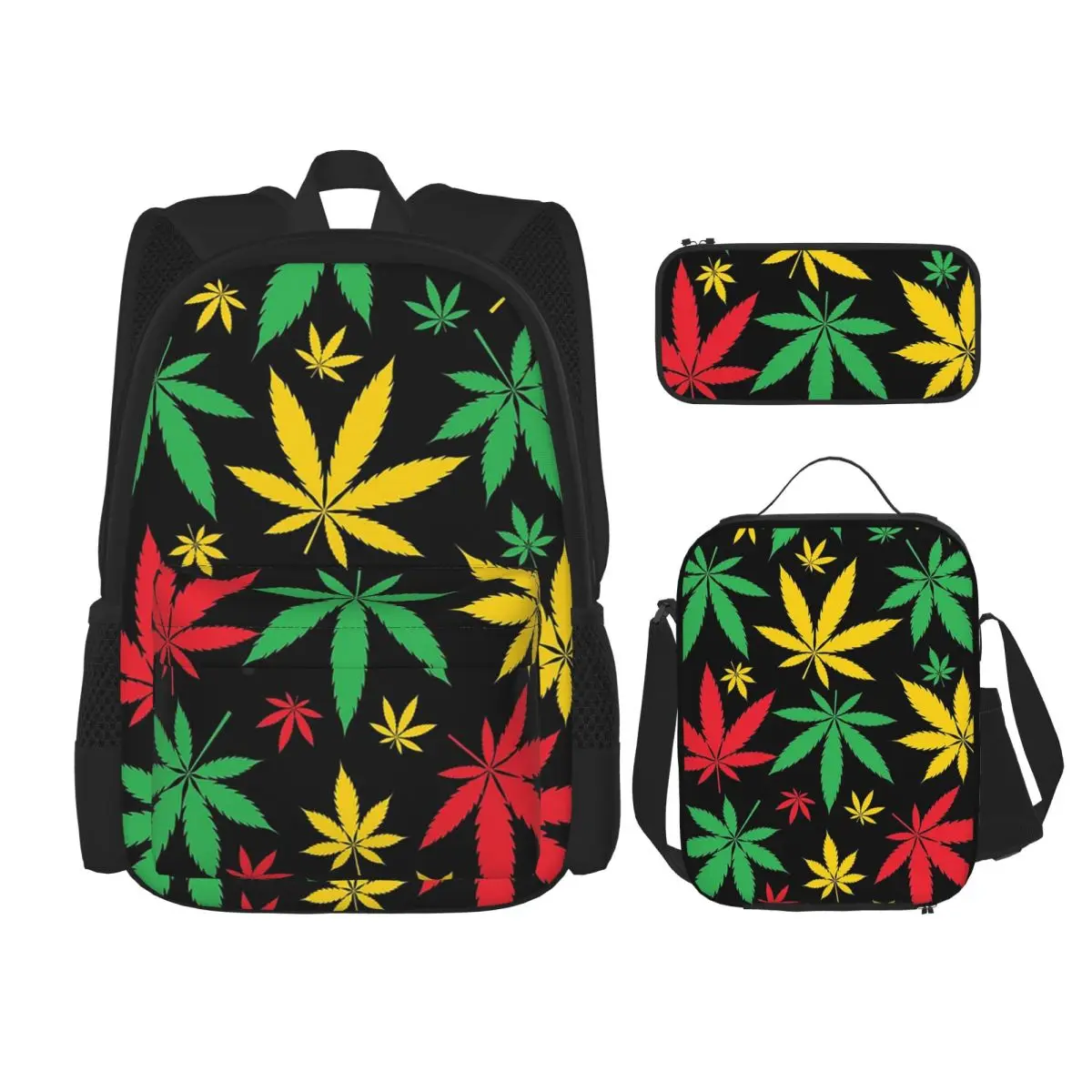 

Rasta Flag Colors Leaf Cannabis Marijuana Weed Backpacks Students Bookbag School Bags Rucksack Lunch Bag Pen Bag Three-Piece Set