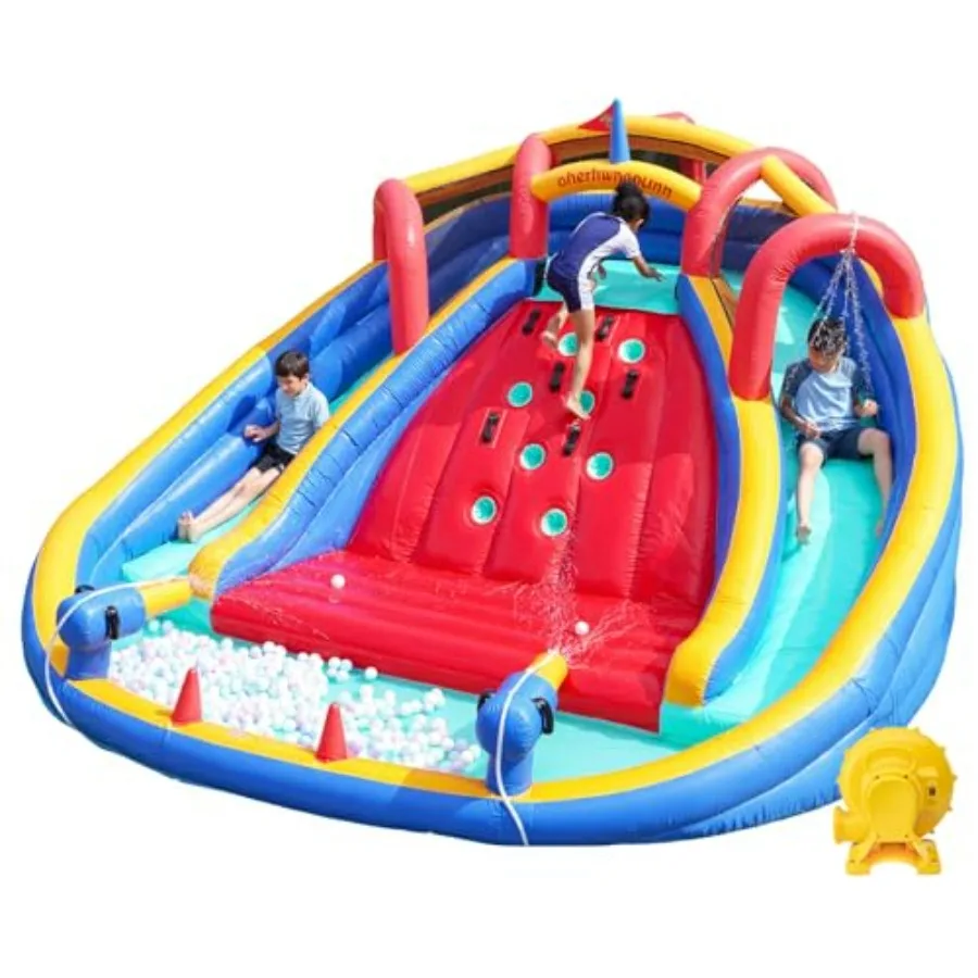 

Backyard inflatable water slide bouncer for kids: PVC material, blue and yellow, double water cannon, climbing wall, splash zon