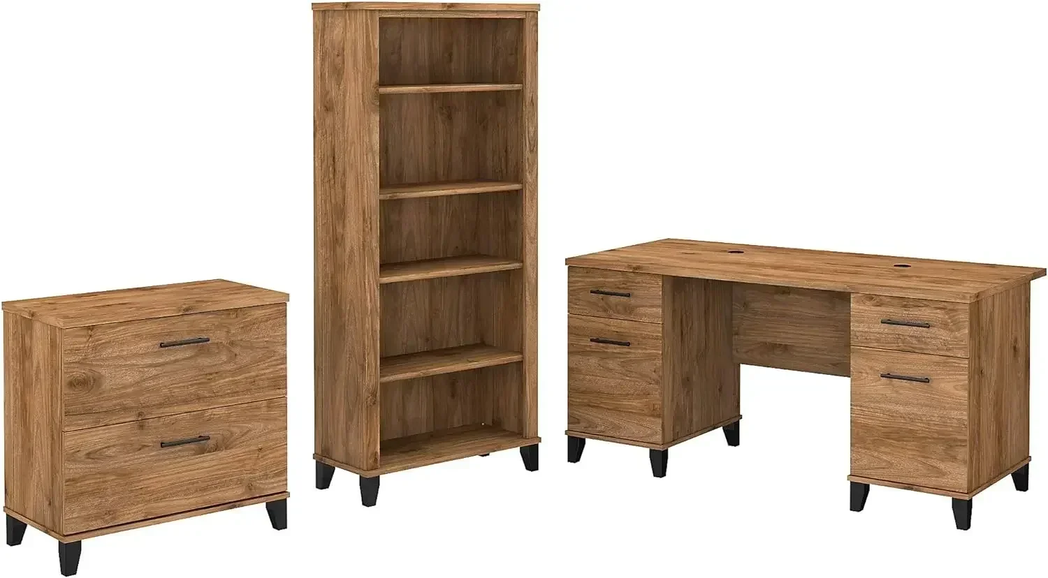 

Somerset 60W Office Desk with Lateral File Cabinet and 5 Shelf Bookcase in Fresh Walnut