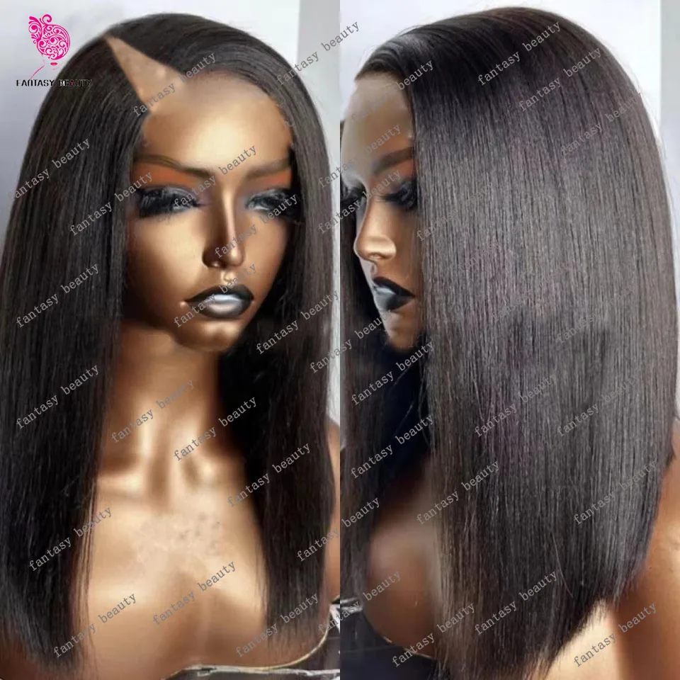 Dark Brown / Black Light Yaki Straight V Part Wigs Unprocessed 100% Human Hair Wig U Shape High Density Kinky Straight Full End