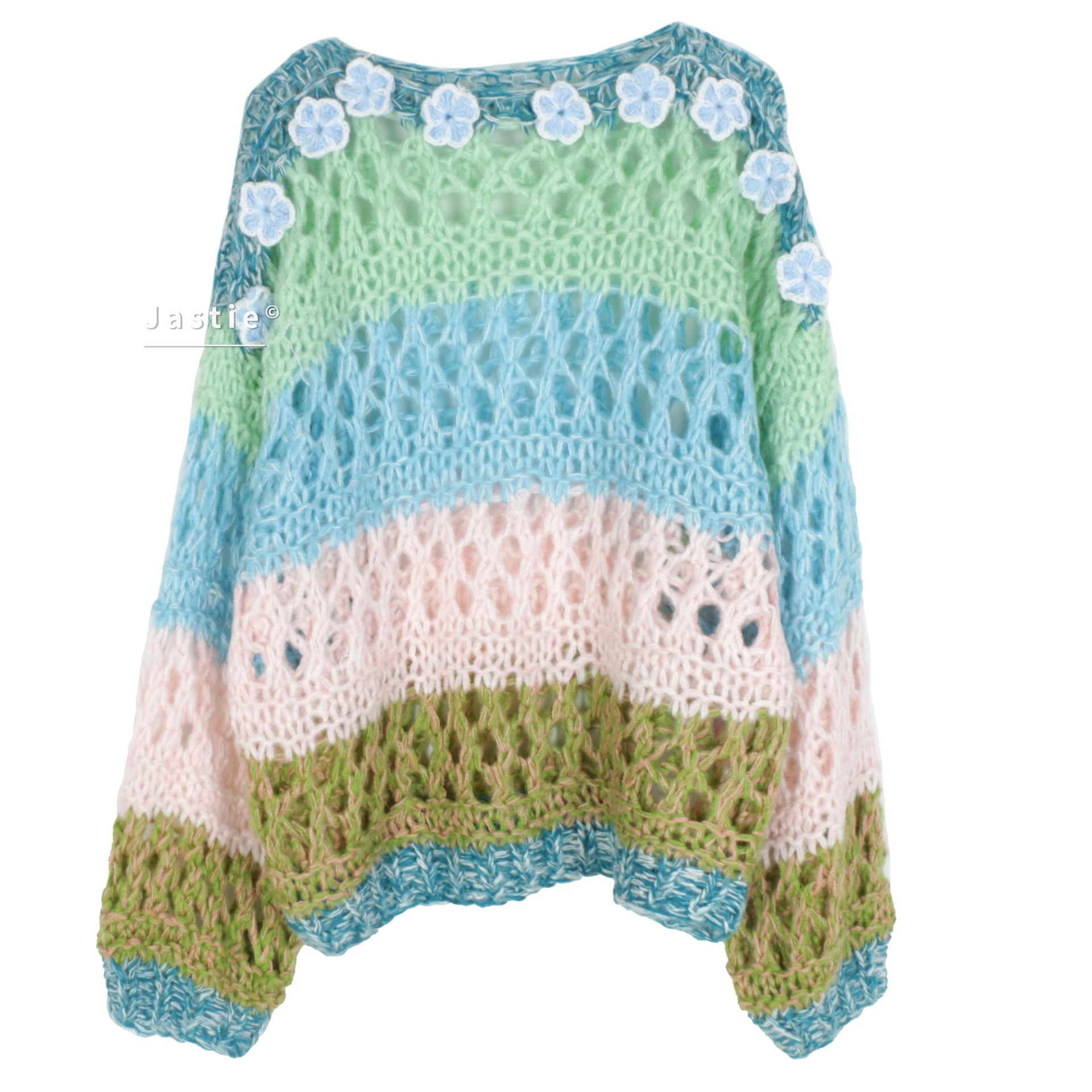 Women Striped Crochet Sweater 3D Floral Applique Hollow Out Pullover Chunky Knit Loose Y2K Fairycore Kawaii Korean Fashion Top