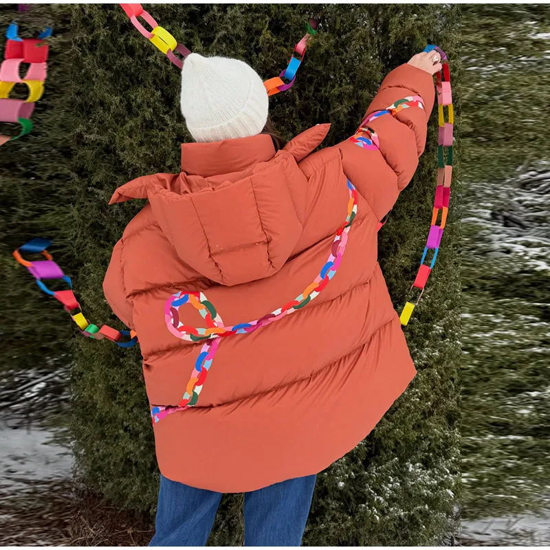 Polka Dot Padded Coat Color‑block Hooded Stand Collar Zipper Buttons Oversized Jacket 2026 Winter Women Warm Chic Casual Outfits