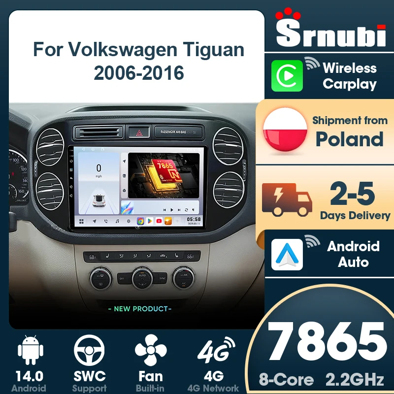 Srnubi 2 Din pour Volkswagen Tiguan 1 NF 2006-2016, navigation GPS, autoradio Android, unité centrale multimédia, Carplay, WIFI, 4G, support de bouton lumineux, SWC, Bluetooth 5.4, systèmes intelligents automobiles, accessoires