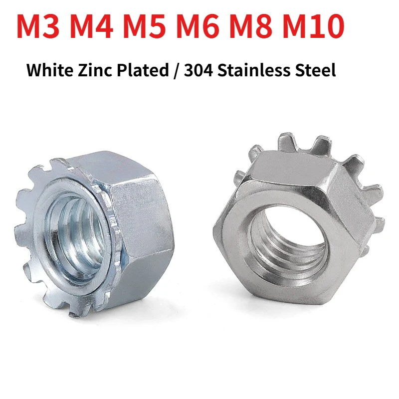 Metric K Type Lock Nut Serrated K‑Nut White Zinc Plated Carbon Steel /304 Stainless Steel Anti‑Vibration Hex Locking Nut M3‑M10