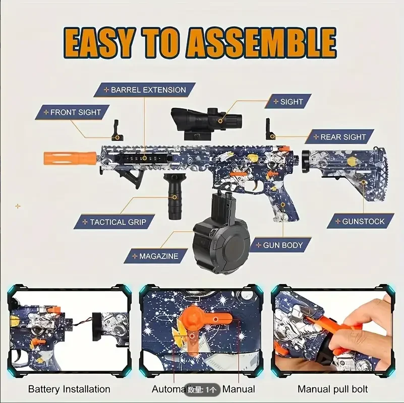 M416 Gel Ball Toy Gun Astronaut Pattern Hot-Selling Boy Game Model with 7.4V Battery and USB Charging Cable