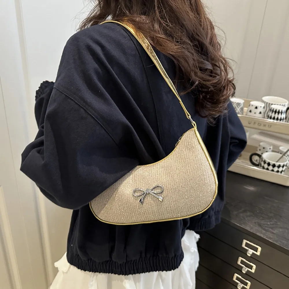 

Fashion PU Leather Underarm Tote Bag Shiny Korean Style Bowknot Shoulder Bag Solid Color Elegant Women Handbag Lady