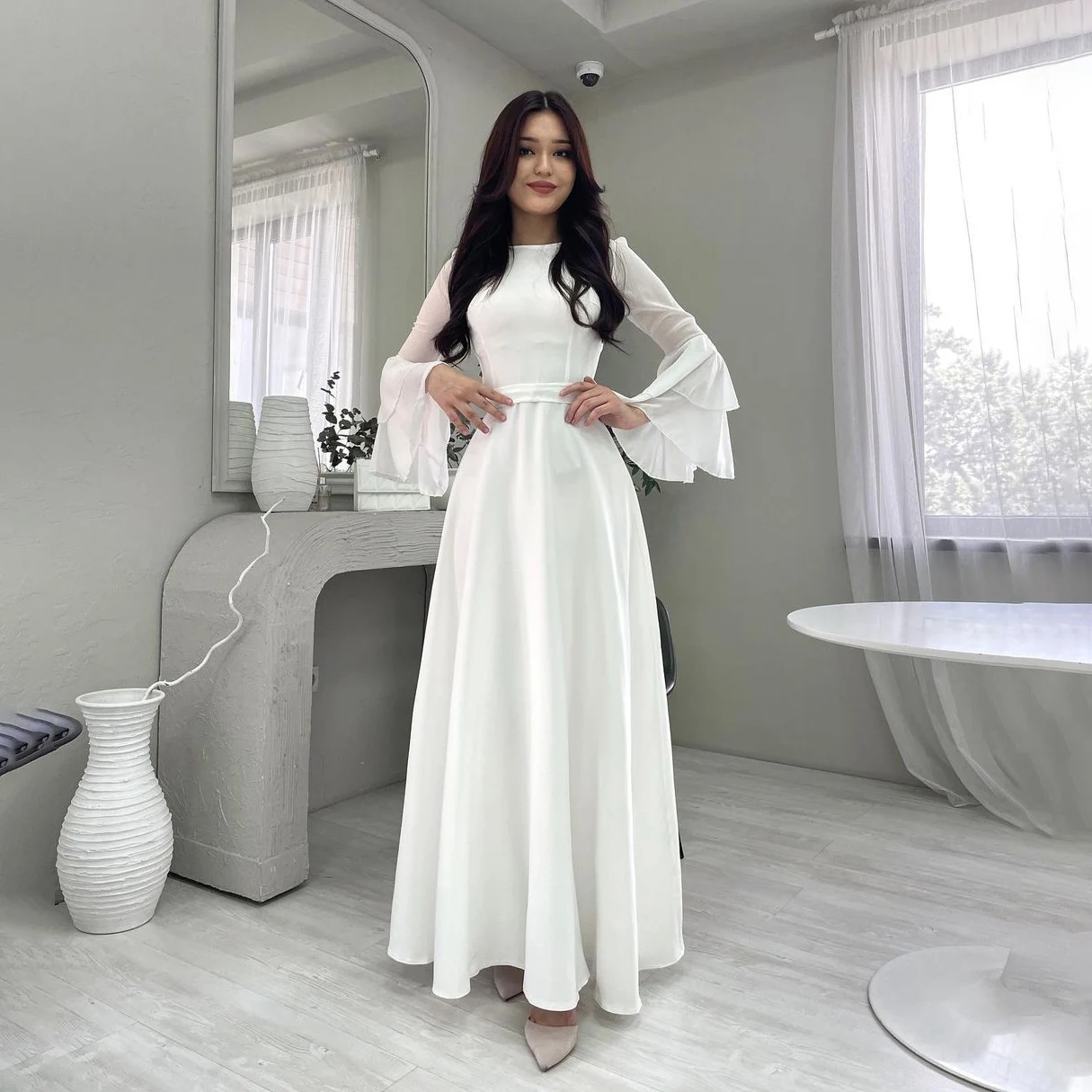 

OEING O-Neck Luxury Formal Evening Dresses Ruffles Pleat Long Sleeves فساتين سهرة Ankle Length Elegant Prom Gowns Party Women