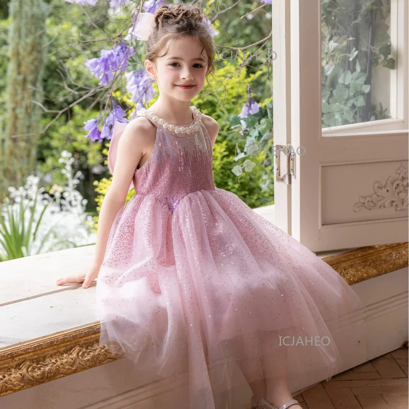 2026 Children Girls Dress New Kids BirthdayParty Fashion Sleeveless Princess Gown Summer Pink Tulle Formal Pageant Costume