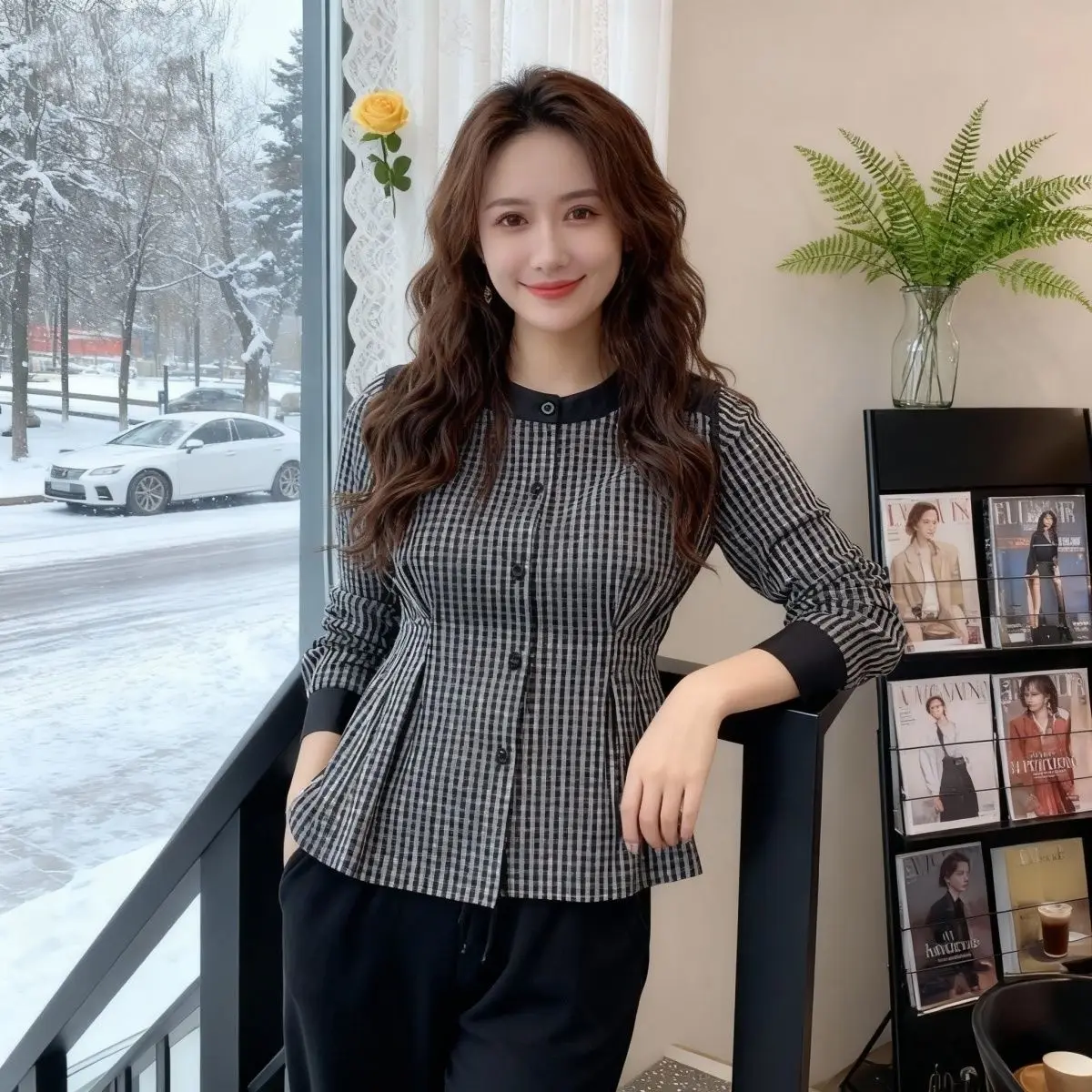 

Faionable Korean Plaid irt Women's Long Sve Design Spring Autumn New Sle Agel Striped Top Small ence Cardigan