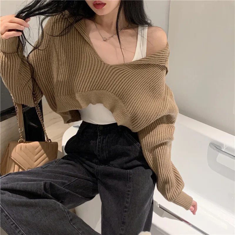 Design Sense Niche Irregular Sweater Women'S Clothing 2024 New Loose And Lazy Style Knitwear Short Top