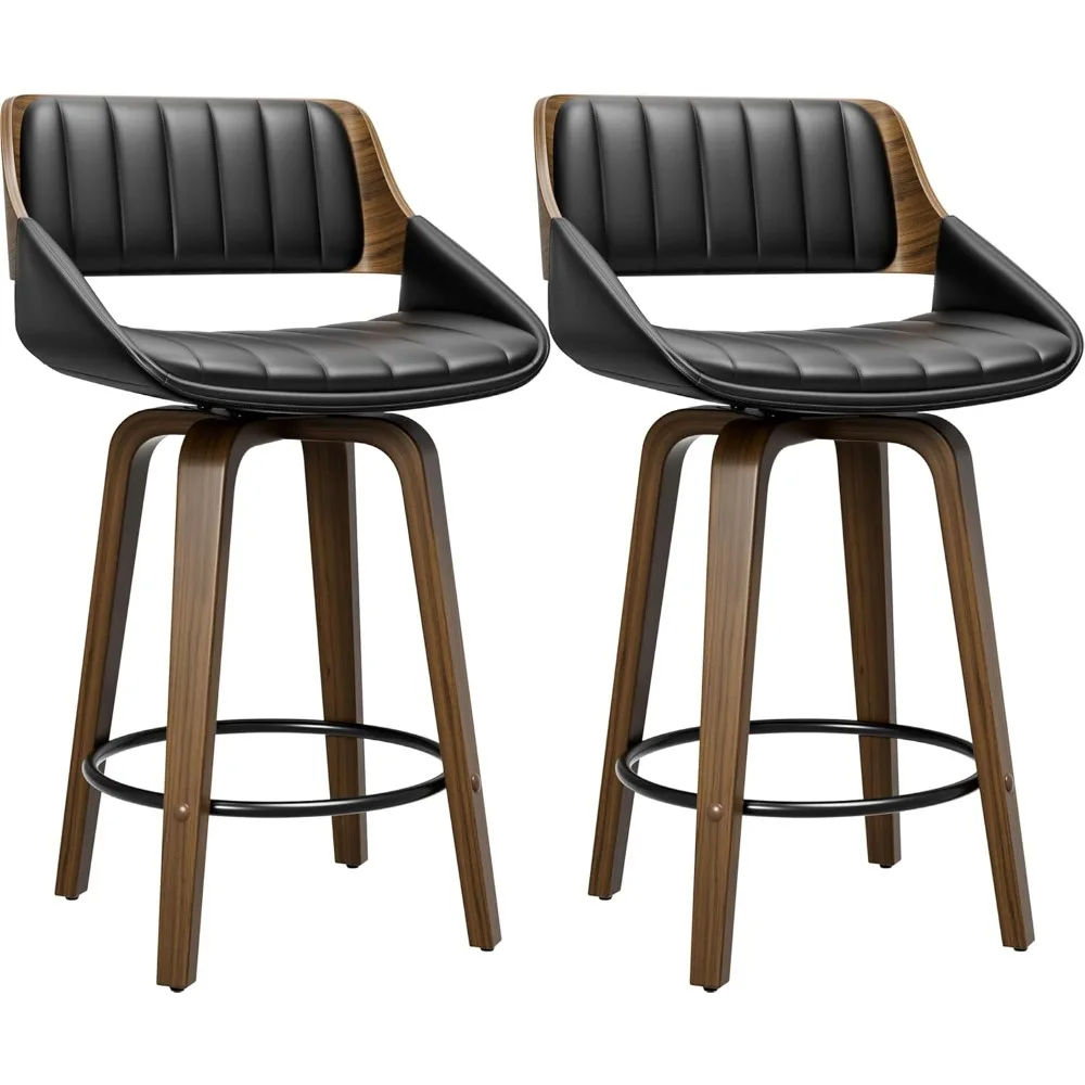 زوج من مقاعد البار ذات الارتفاع الدوارة مقاس 26 بوصة مع تصميم Bentwood ومقاعد من الجلد الصناعي المنجدة الحديثة في منتصف القرن