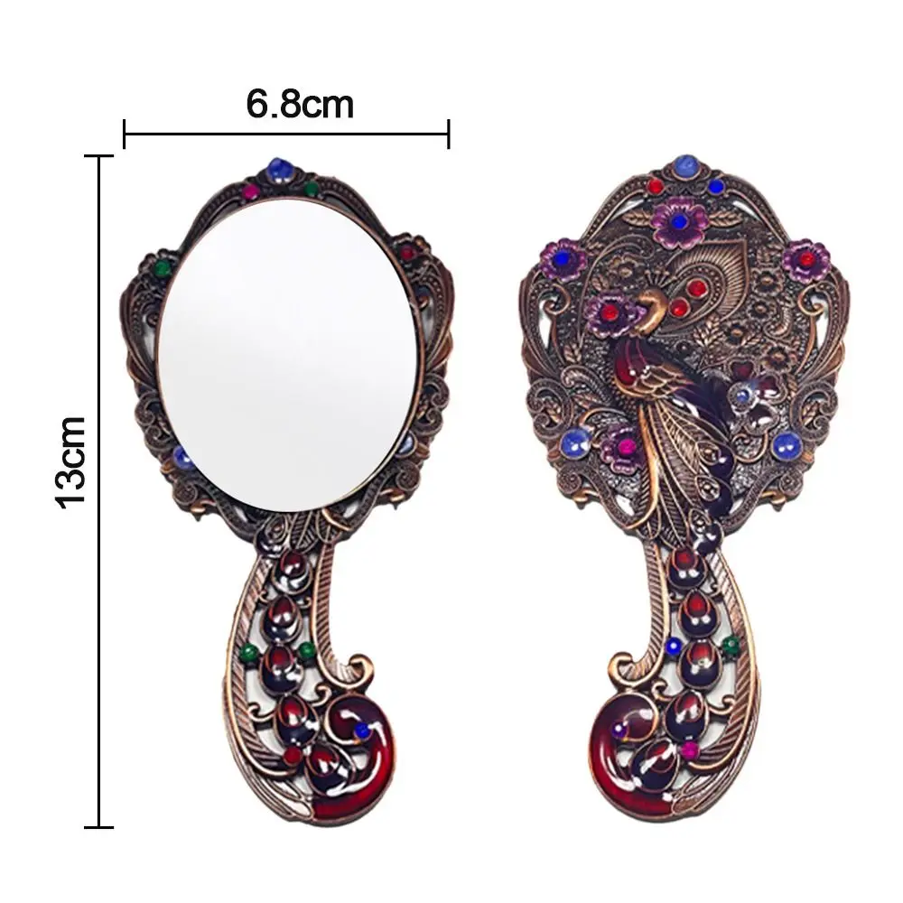 Peacock Open Screen Retro Small Mirror with Metal Handle Handheld Makeup Mirrors Comb Set Portable Vintage