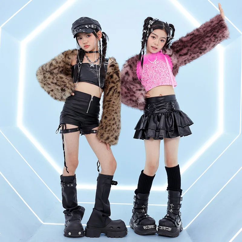 

Детский костюм для джазового танца для девочек, наряд для выступлений Kpop, сценический костюм для подиума, леопардовое пушистое пальто, жилет с блестками, уличная одежда 4967