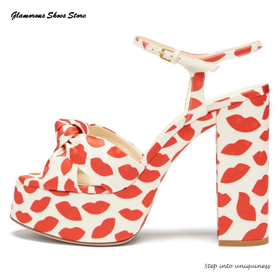 

Lips Print Leather Platform Sandals Knotted Round Open Toe Chunky High Heels Women's Shoes Summer Buckle Strap Modern Sandals