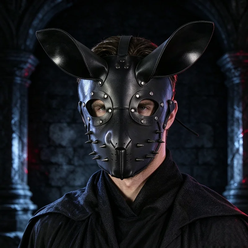 Gothic Punk Rabbit Ear Horse Mask Black Faux Leather Spiked Rivet Black Mask Halloween Carnival Party Stage Cosplay Costume Prop