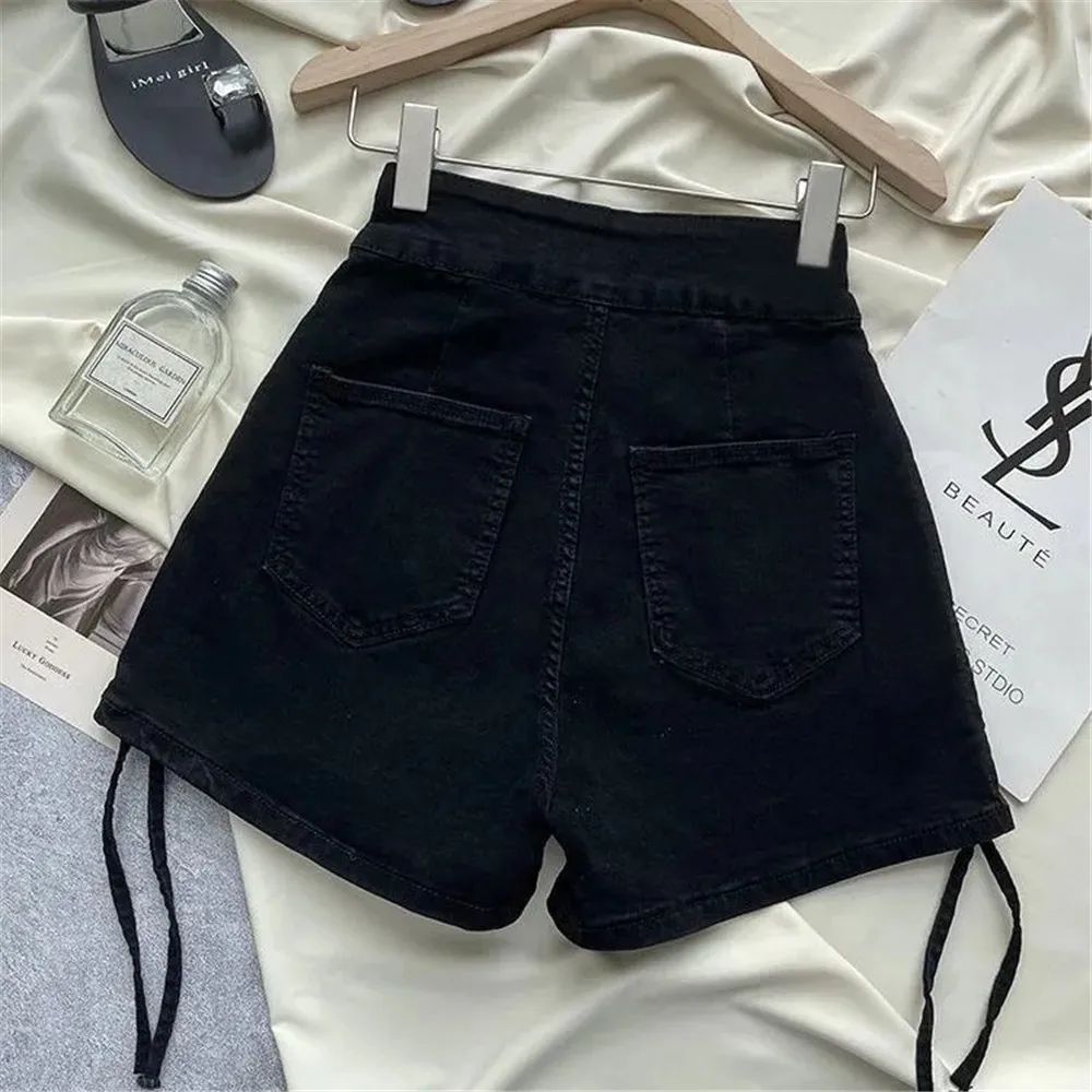 Xuân Hè Thời Trang Mới Dễ Thương Gợi Cảm Nữ Quần Short Jean Áo Khoác Ngoài Nữ Ol Cao Eo Nút Denim Ngắn Tua Rua Dây Rút