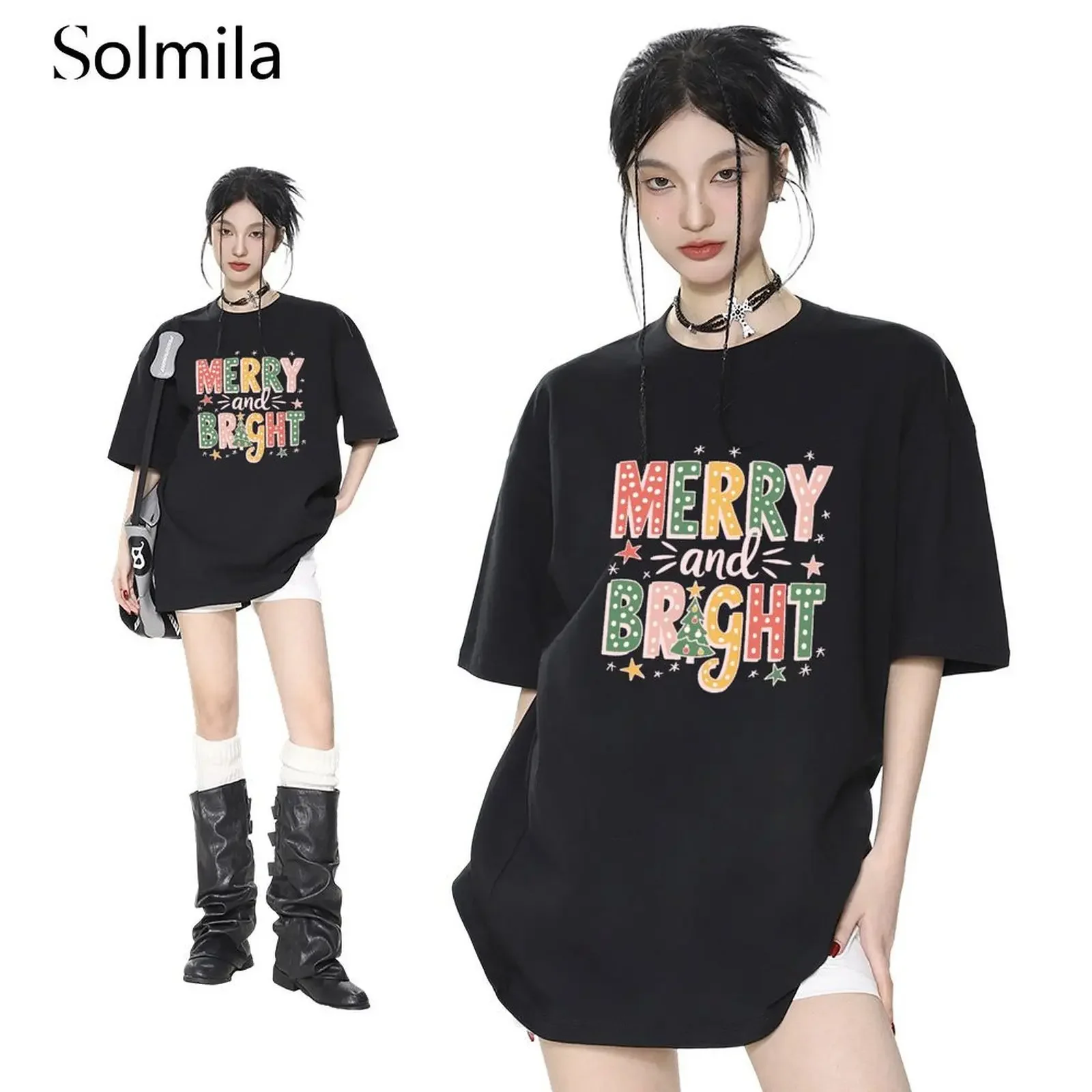 

2025 Summer Tops For Woman Quick Drying Causal Comfortable Short Sleeve Printed Christmas Merry And Bright T-Shirt Y2k Clothes