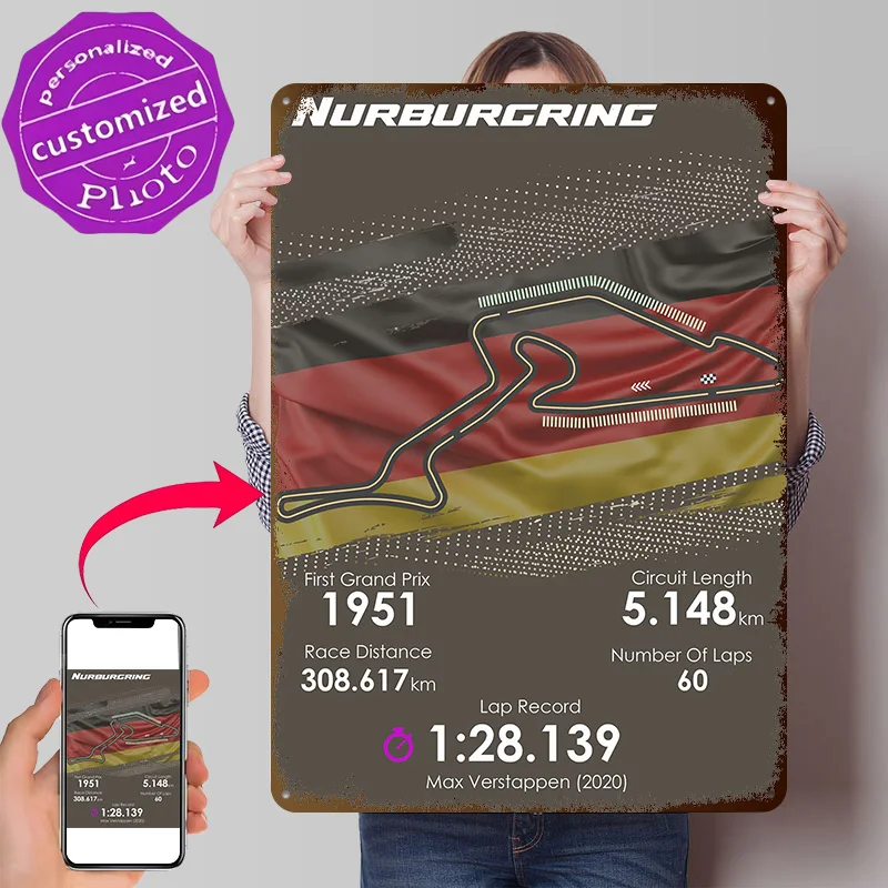 F Racing Nurburgring 3D Texture Metal Poster Customized Wall Art Tin Sign Gift for Mancave Gaming Room Decoration Cozy Wand Deko
