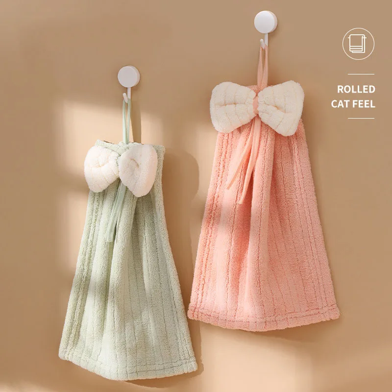 Kitchen Towel Bow Knot Adult  Children's Bathroom Wiping Hands Absorbing Water Cute Coral Velvet Wiping Towel Hanging Style