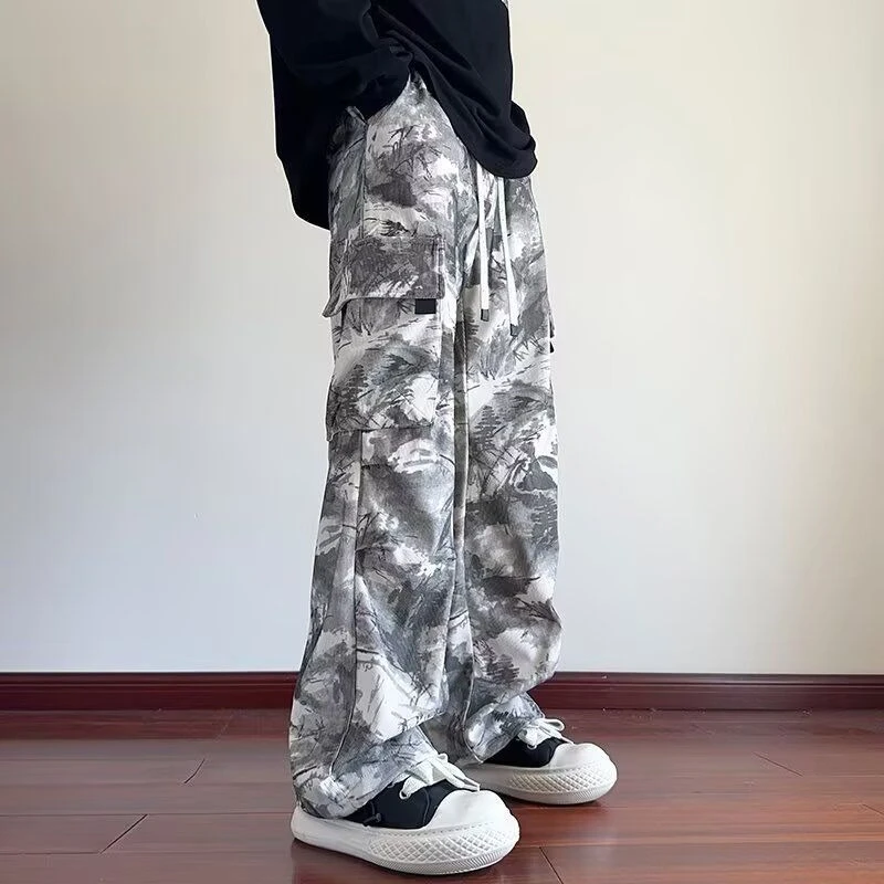 Men Ink Tie Dye Camo Cargo Pants Streetwear Corduroy Loose Straight Casual Trousers Vintage New Spring Autumn
