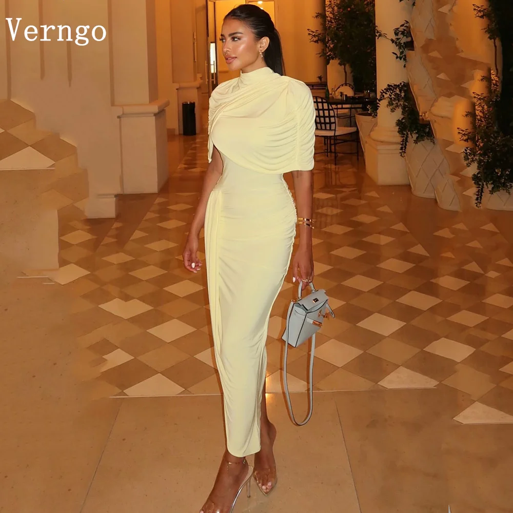 

Verngo Blush Yellow Crepe Evening Dress High Neck Mermaid Formal Ocaasion Dresses 2 Pics Prom Party Gowns Customized